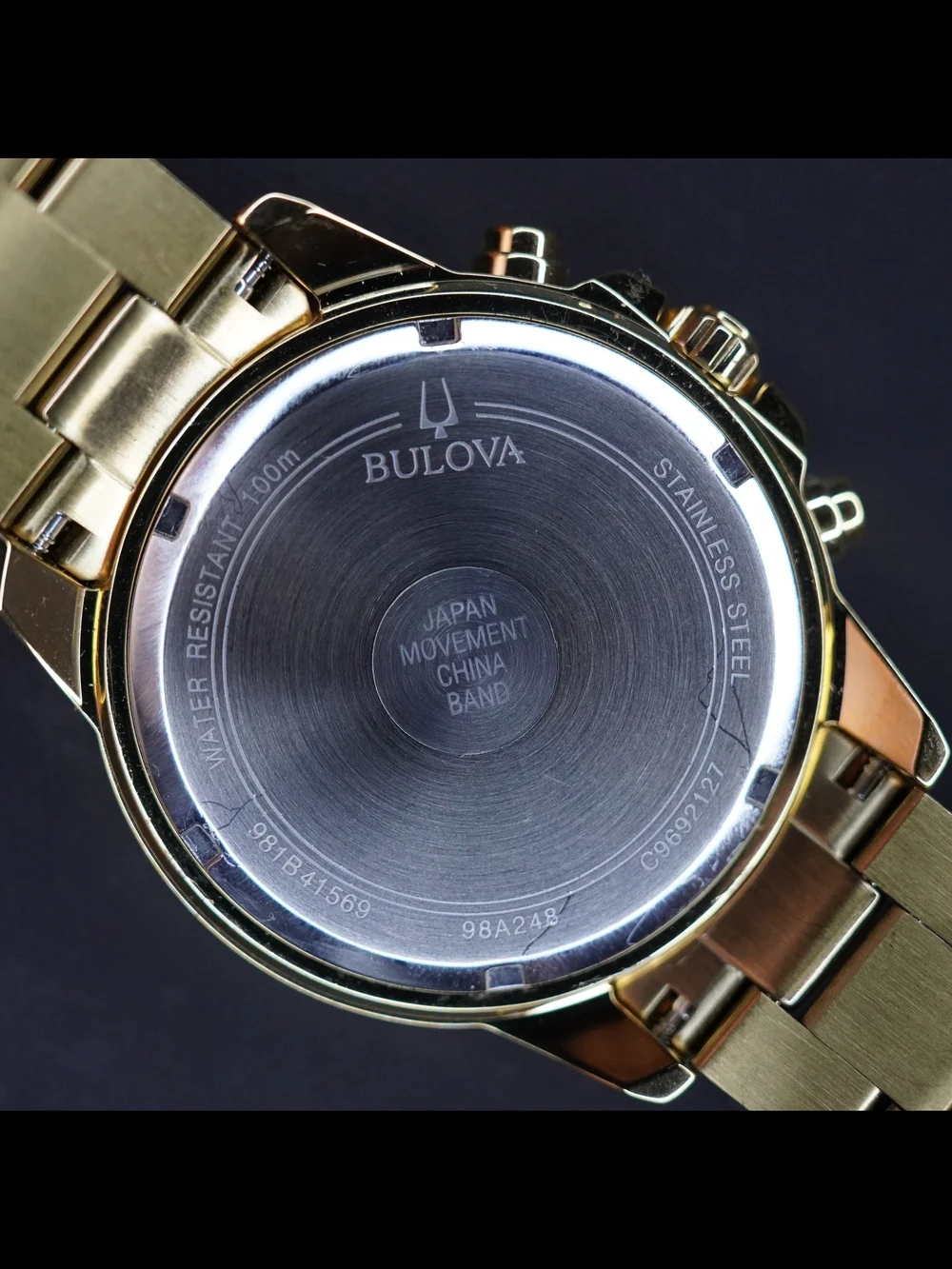 Bulova 98A248 Marine Star Gold Tone Chronograph Black Dial 43mm Mens Quartz